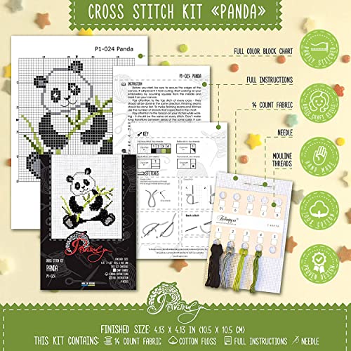 Povitrulya Counted Cross Stitch Kit with Pattern 'Panda' - Easy DIY Set for Hand Embroydery with Paper Pattern, 14 Count Blank Aida Canvas and Pre-Sorted Floss