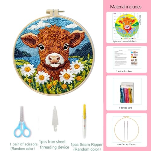 LSLFQYQSK Beginners Embroidery Kits - Small Animal DIY Cross Stitch Kits,Including,Stamped Flower Patterns,Hoop,Color Threads,Tools (Style C) - style: Style C