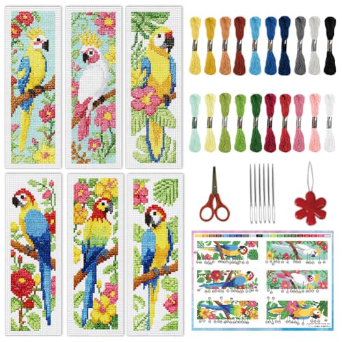 INFUNLY 6PCS Parrot Cross Stitch Bookmark Kits 3×8.5inch Bookmark Making Kit for Beginners Birds DIY Stamped Embroidery Bookmarks with Instruction for Book Lovers Reader Writers - style: Parrot