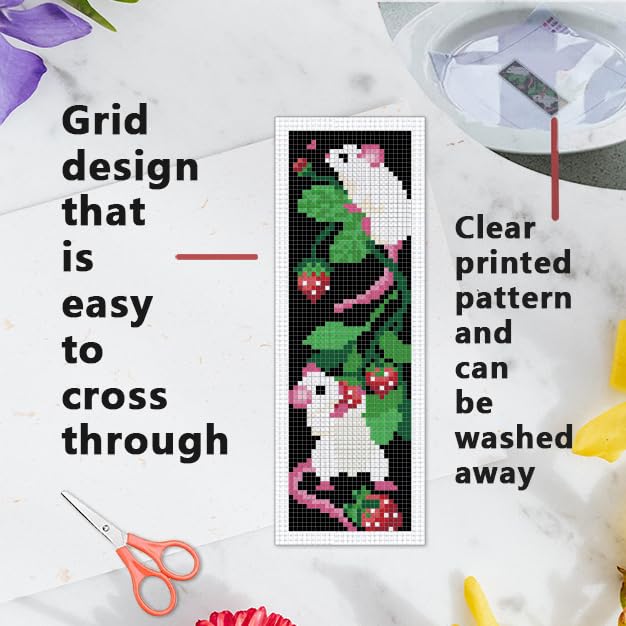 INFUNLY 6 Set White Mouse DIY Cross Stitch Bookmark Kits for Beginners Strawberry Counted Cross Stitch Kit with Instruction Cute Mice Fruit Embroidery Bookmark Kit for Book Lovers Readers Gift - style: Mice and Strawberries