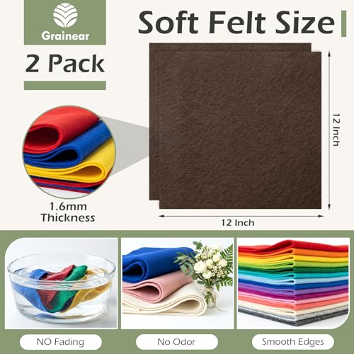 Brown Soft Felt Sheets for Crafts, 12" x 12", 1.6mm Thick, 2 Pcs - color: Brown