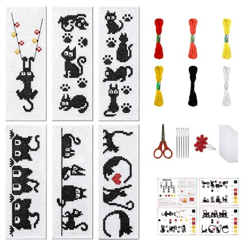FREEBLOSS 6 Set Cross Stitch Bookmark Kits 11CT 8"x2.4" Black Cat Theme - style: Sketched kitten