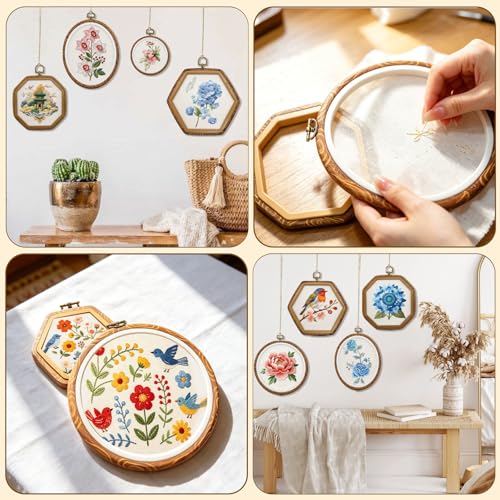 12Pcs Embroidery Hoop Frame, 12 Sizes Imitated Wood Cross Stitch Hoop, Round Oval Octagonal Embroidery Hoop for Cross Stitch, DIY Sewing Craft, Hanging Ornaments Decor, 5 Shape
