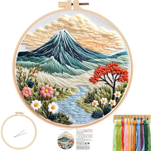 FONNUY Embroidery Kit for Beginners, Flower Hill Nature Landscape Pre-Stamped Pattern Kits for Adults with Hoop, Easy to Follow Color Thread Needlework, 8'' Hoop (Blue) - color: Blue