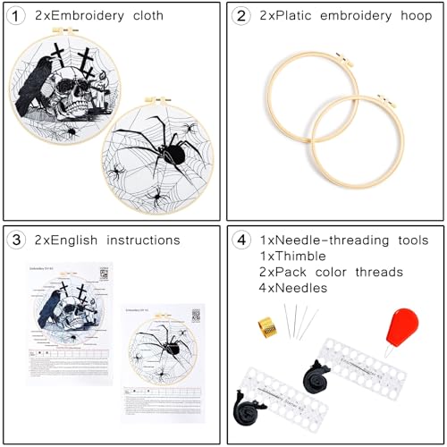 Dark Gothic Embroidery Kits for Beginners Adults, Halloween Hand Embroidery Needlepoint Kits, Skull Spider Stamped Cross Stitch Kits for Beginners Adults, 2 Embroidery Hoops (Attached Video Tutorial) - color: Black and white