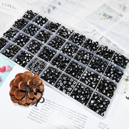 Amaney 1600pcs Black Letter Beads 4x7mm Round Acrylic Alphabet A-Z Number Star Smiley Beads and Heart Pattern for Jewelry Making - color: Black&heart, size: 7x4mm