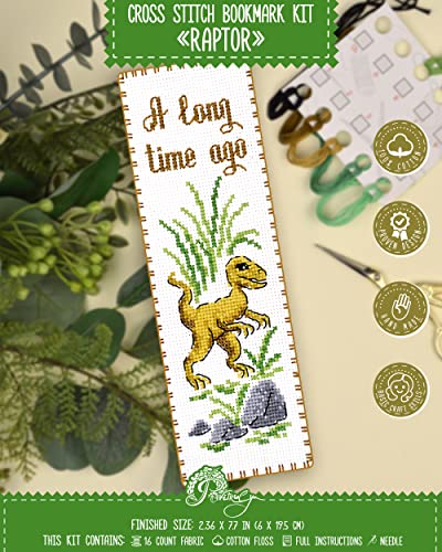 Povitrulya Dinosaur Counted Cross Stitch Kit Velociraptor - DIY Bookmark Set for Hand Embroidery - color: Velociraptor