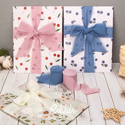 Ribbli Chiffon Silk Ribbon, 1.5 in x 30 Yards, Ivory/Dusty Rose/Dusty Blue Fringe for Wedding Invitations, Bridal Bouquets, Flower Arrangements - color: Ivory/Dusty Rose/Dusty Blue