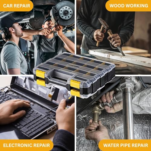 Andalus Tools Organizer Box, Small Parts Storage 34-Compartment Double-Sided Portable Hardware Organizer Removable Plastic Dividers for Screws, Nuts, Bolts, Nails – Yellow (1 Pack, 12.5" x 10.5" x 3") - color: Yellow, size: 1 Pack