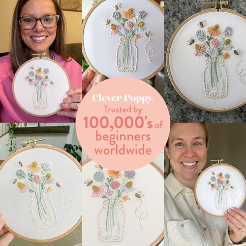Clever Poppy Bee Happy Beginner Embroidery Kit – Easy Embroidery Kit for Beginners with Hoop, Thread & Patterns – Hand Embroidery Kit for Adults and Teens – Complete Embroidery Starter Kit