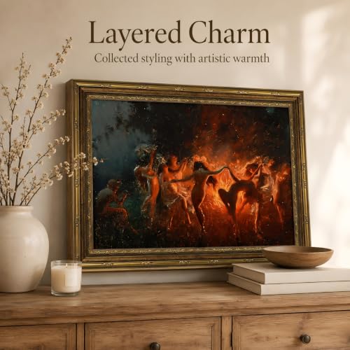 Vintage Gold Frame Fire Dance Wall Art, Gothic Canvas Painting Print for Dark Academia Decor, Moody Fantasy Ritual Picture for Living Room Bedroom Aesthetic, Occult Witchy Home Office Art 12x16 In - color: fire dance, size: 16"L x 12"W