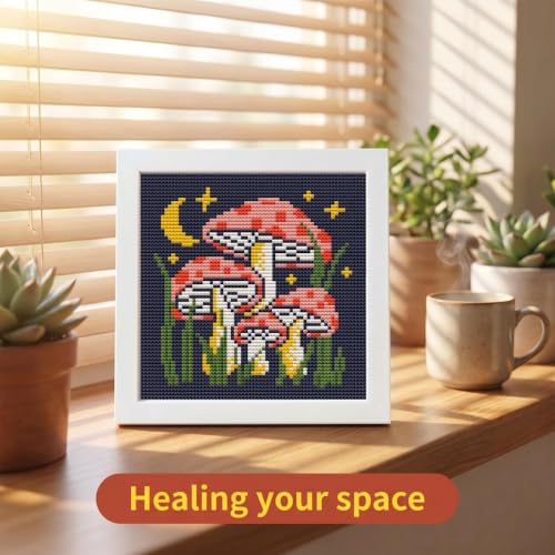 Mushroom Stamped Cross Stitch Kits for Beginners Adults with Framed - color: DKJ015