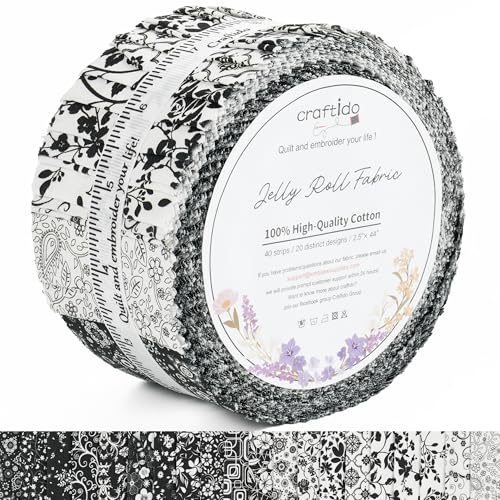 Craftido-20 Options-100% Cotton Jelly Roll Fabric Precut Strips for Quilting, Crafting, and Sewing, 40 Strips 2.5" x 44" Assorted Bundles for Rug, Quilt, DIY Craft and Home Decor-Black & White Flower - color: Black & White Flower
