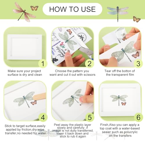 BBTO 12 Sheets Rub on Transfers for Crafts Wood Furniture DIY, 5.5" x 5.7" - style: Dragonfly