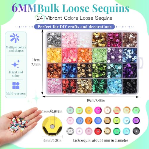6MM Bulk Loose Sequins, 24 Colors Round Embroidery Sequin for Crafts - size: 6mm