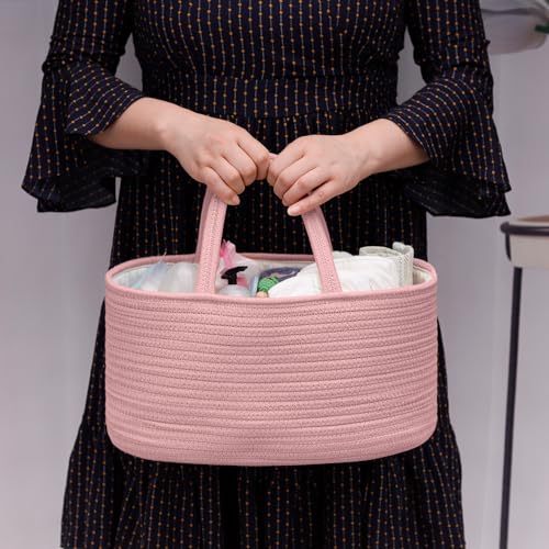 COMSE Large Cotton Rope Baby Diaper Caddy Organizer for Girls, Dusty Pink - color: Dusty Pink, size: Large