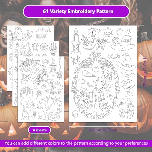 ORIGACH 4 Sheets Large Halloween Water Soluble Embroidery Stabilizers, Halloween Words Pumpkin Ghost Bat Patterns Stick and Stitch Embroidery Paper Hand Sewing Stabilizers for Embroidery Beginners - color: Halloween Words Pumpkin Ghost Bat