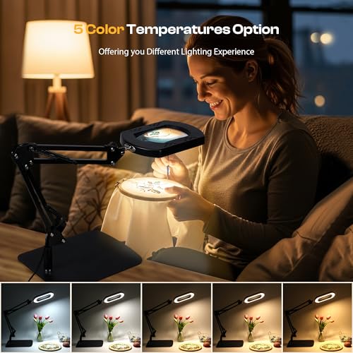Caydo 10X Magnifying Glass with Light and Stand for Embroidery, Reading, Sewing and Painting Close Work, 5 Color Hands-Free Magnifying Desk Lamp
