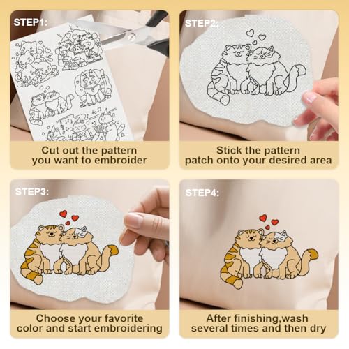 48Pcs Cat Playing Halloween Embroidery Pattern Stabilizer, 8.3"x11.7" Cute Kitten Water Soluble Stick and Stitch Embroidery Sticker, 4 Sheets Kitty Hand Sewing DIY Embroidery Paper - style: Cat Playing