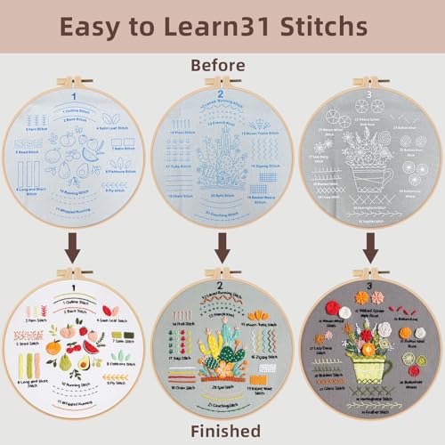 Herdiese Embroidery Kit for Beginners with 33-Stitch Practice Samplers - color: Flower-G (3 Pack)