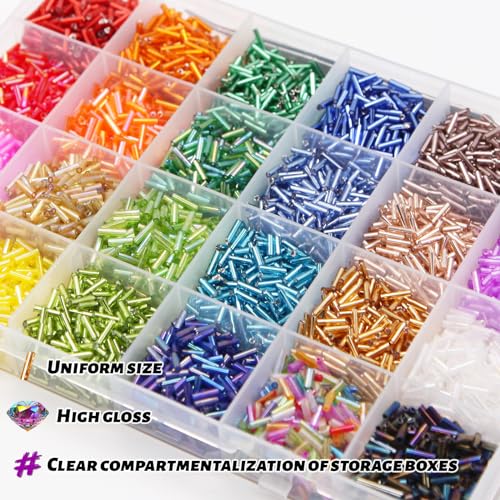 Tube Seed Beads Kit, 7mm, Craft Bugle Glass Beads with Bead Needle, Elastic String for Bracelet Necklace Jewelry Making (24 Colors)
