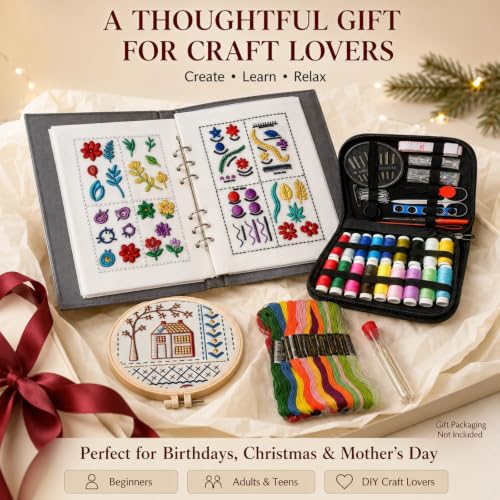 Embroidery Kit for Beginners, 138-Pattern Embroidery Stitch Book with Hoop & 89-Piece Tool Set, Portable Loose-Leaf Hand Embroidery Starter Kit for Adults & Teens, Home, Travel and Craft Classes