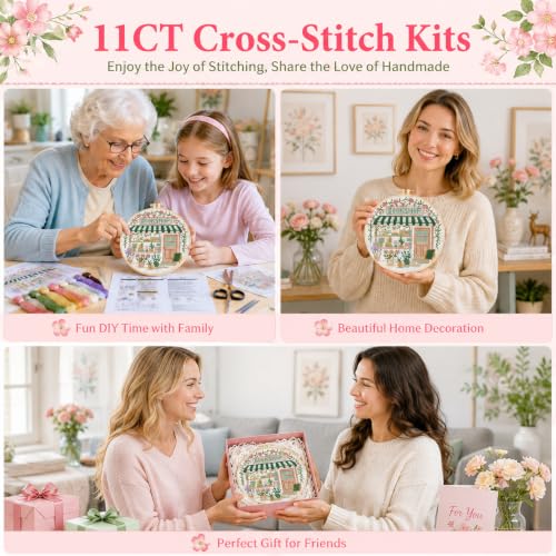 VIGEGU Bookstore Stamped Cross Stitch Kits for Adults Beginners with Frame - color: Cross-Stitch bookstore