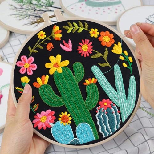 Nuberlic 3 Pack Embroidery Kit for Beginners with Cactus Pattern - color: Cactus