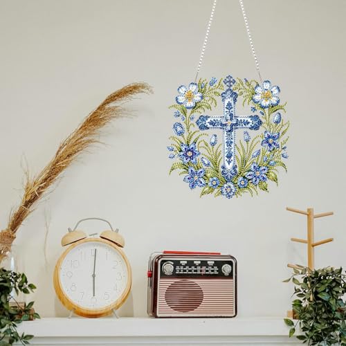 ZeeLionArt Hanging Diamonds Art kit for Adult,Cross Flowers Pendant Diamonds Painting Art Kit,7.5x7.6inch Acrylic Diamonds Painting Board Kit Ornament, Special Crystal Diamond Hanging Ornament - color: DP02451