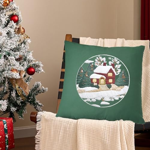 FONNUY Christmas Embroidery Kit for Beginners, Throw Pillow Case Cross Stitch Set Winter Snow House Holly Tree Pattern for Adults, Hand Works Crafts Throw Pillow Cover, 18 x 18'' (Green) - color: Green