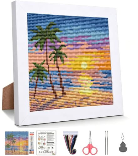WUSARPLY Sunset Landscape Stamped Cross Stitch Kits for Adults with Framed - color: DKJ034