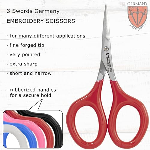 3 Swords Germany - Embroidery Scissors, Shears for Art Work, Daily Use in Household, Sewing, Art Work, Craft with Synthetic Leather case - red/black - color: Red/Black