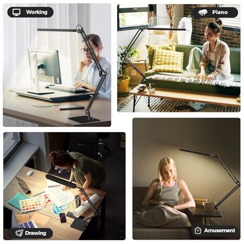 SKYLEO LED Desk Lamp with Slim Base - Adjustable Swing Arm Desk Light, Dimmable, Timer, Eye Protection, Memory Function, 1300LM, 12W, Black - style: Black swing arm with Base
