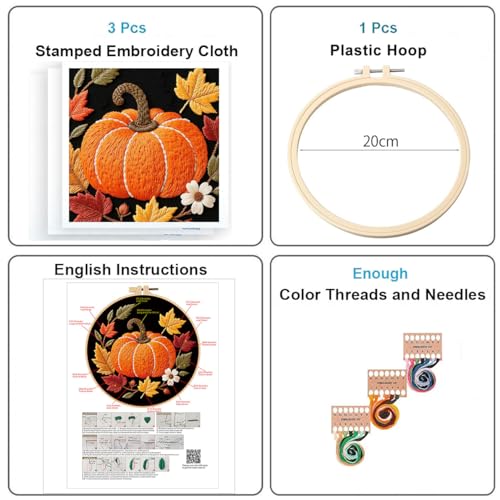 Konrisa Pumpkin Embroidery Kits, Stamped Embroidery Starter Kit for Adult with Hoop,Needlepoint Cross Stitch Kit,Set of 3 - color: yellow pumpkin