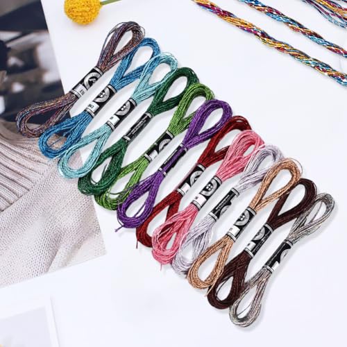 12 Skeins 6 Strands Metallic Embroidery Floss Glitter Cross Stitch Thread Colorful Sparkly Polyester Friendship Bracelet String Yarn Threads Bulk for Hand Sewing Crafts Bracelets Making DIY - color: Colorful