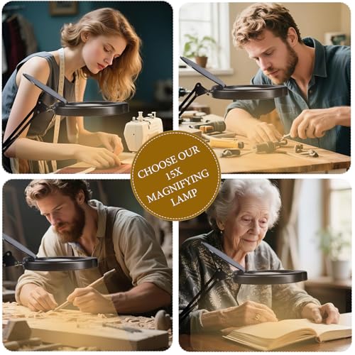 15X Magnifying Glass Desk Lamp with Clamp, Real Glass Lens, 84 LEDs, 5 Color Modes Dimmable, Led Lamp Magnifier with Dust Cover, USB Charger, Clean Cloth, Ideal Gift for Seniors, Crafters, Hobbyists
