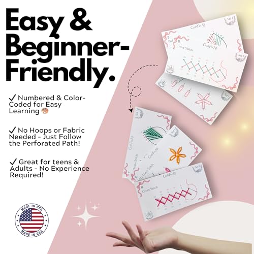 Perforated Embroidery Stitch Cards Starter DIY Kit, Beginner Colored Patterns, Premium Cardstock Cards, Complete Toolkit, Tools, Illustrated Step by Step Instructions Handmade Kit Gift for Her (Pink) - color: Pink
