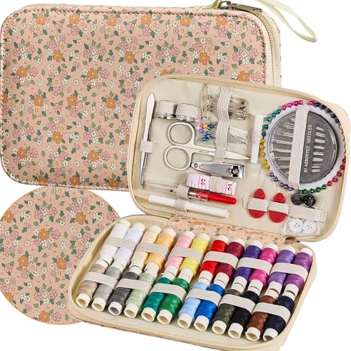 Sewing Project Kits Floral Pattern Sewing Kit with 130PCS Sewing Supplies Accessories,Printing Sewing Set with Zipper Sewing Supplies Case,for Travel Emergency, Home - color: 130PCS-Ditsy Floral