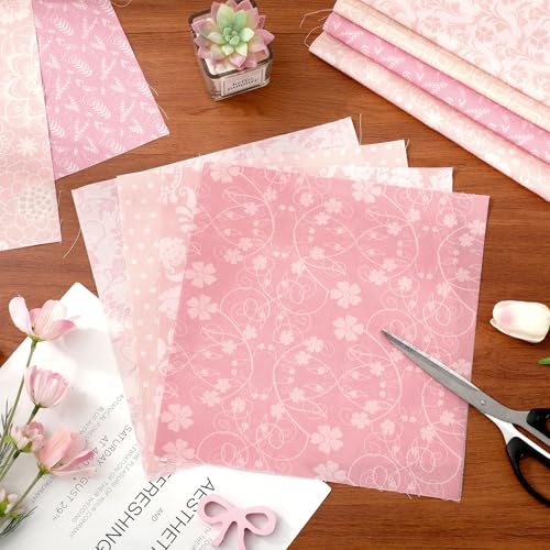 Whaline 60 Pcs Flower Cotton Fabric Bundles Pink Floral Fabric Square Flower Leaves Sewing Fabrics for DIY Handmade Craft Decor, 10 x 10 Inch - size: 10 x 10 inch