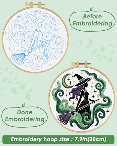 ERKOON Embroidery Kit for Beginners Adult, Cross Stitch Set Include Embroidery Cloth Hoops Threads for Craft Lover Hand Stitch with Embroidery Skill Techniques (Black Witch) - color: Black Witch