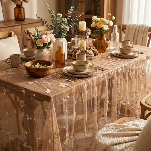 Gauze Table Runner Cloth Flower 10ft Embroidery Tulle Spring Wildflower - color: Brown, size: 60"x120",1pc