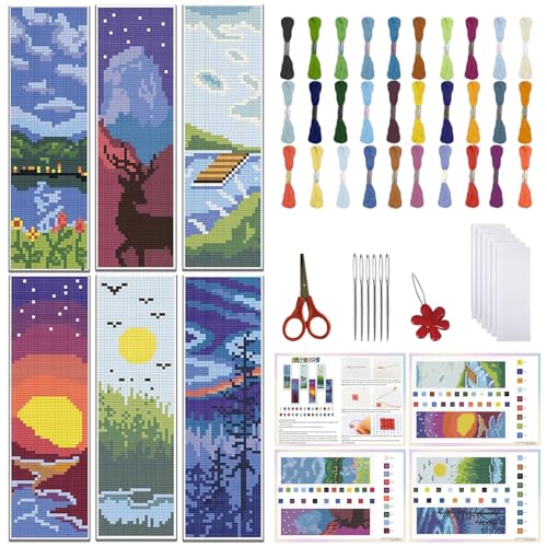 FREEBLOSS 6 Set Cross Stitch Bookmark Kit Scenery Pattern 8''x2.4'' 11CT - style: Scenery