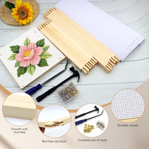 Soleeya 12 PCS Needlepoint Stretcher Bars, 8/12/16in Canvas Stretcher Bars for Needlework with 100 Tacks, Embroidery Wooden Accessories for Needlework with 6 Canvas/Hammer/Nail Puller for Crafts