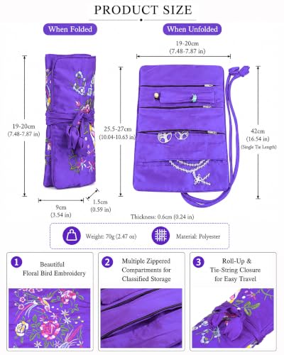 TUMBEELLUWA Embroidery Travel Jewelry Bag Roll Embroidered Flower and Bird Brocade Organizer with Tie Close - color: #7 Purple