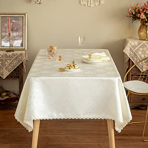 GLORY SEASON Rose Jacquard Textured Tablecloth Waterproof Spillproof Lace Trim Rectangle Table Cloth,Oblong Table Cover for Kitchen Dinning Tabletop Decor,60x120 Inch,Ivory White - size: 120" x 60" (Rectangular)