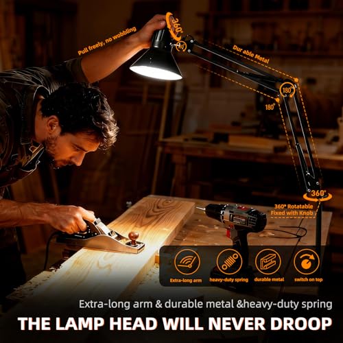 Black Desk Lamp with Clamp, Extra-Tall Adjustable Metal Swing Arm, 3000K - color: Black, size: 3000K Warm Light-Extra Long Swing Arm