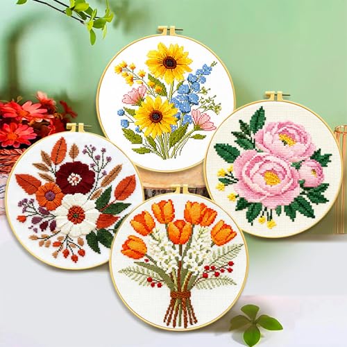 FEIYUENO 4 Pack Flower Pattern Embroidery Kit for Adults Beginner, Floral - color: Floral