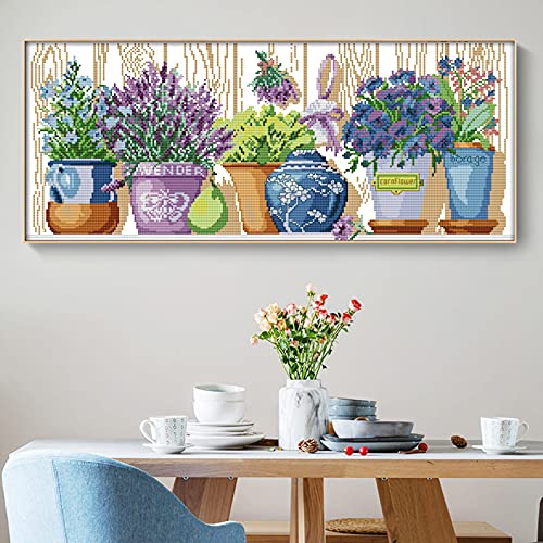 Stamped Cross Stitch Kits Full Range of Easy Patterns Embroidery Starter Kits for Beginners，Printed Cross-Stitch Kits for Home Decor DIY 14CT 2 Strands-The pottings on the windowsill ，22x11 inch - color: The pottings on the windowsill, 22x11 inch