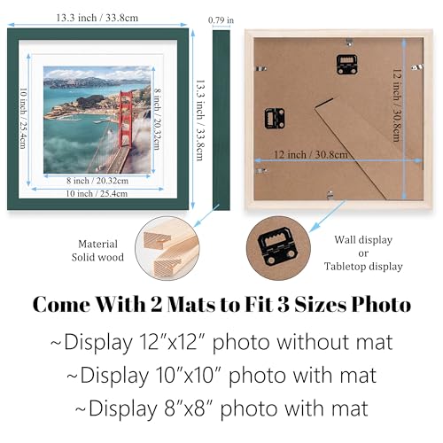 12x12 Wood Picture Frames for Wall Hanging or Tabletop,Diamond Painting Frame Baby Scan Picture Frames with 2 Mats Display 8x8 or 10x10 for Family Walls Decoration,Anniversary,Wedding,Christmas(Dark - color: Dark Green, size: 12x12 inch