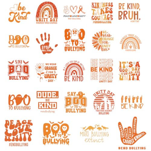 Dtf Transfers Ready to Press - 24Pcs Halloween Anti Bullying Iron on Transfers Unity Day Orange Iron on Decals Patches Kindness Squad Heat Transfer Vinyl Stickers for Clothing Pillows Bag DIY Crafts - color: Anti Bullying